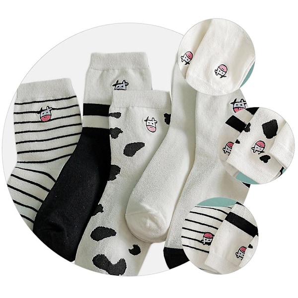 5 Par Broderade Ko-strumpor Dam Mid-calf Sock Bomullsstrumpor för Flickor