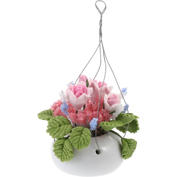 1 st 1/12 Minihus Krukdekoration Mini Rosa Rosor Hängande Korg Blomsterarrangemang Modell för Heminredning (Rosa+Grön)