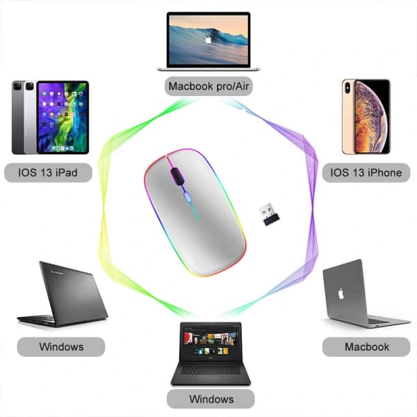 Trådløs computermus med RGB LED dobbelt tilstand Bluetooth/Wifi Sølv【PL】