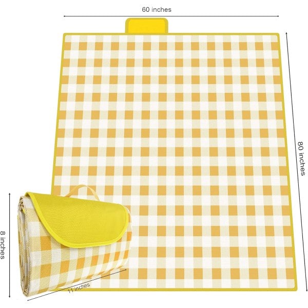 Udendørs picnictæppe, sammenfoldelig vandtæt sandmåtte, ekstra stort picnictæppe 152 cm x 203 cm til familien - gule striber