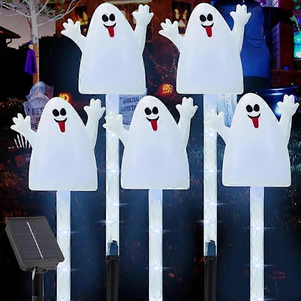 [PL】5-pak Halloween Solcellelamper, 8 Tilstande Koldhvide Spøgelseslamper