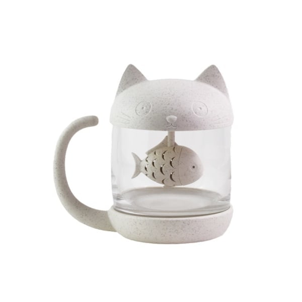 Kattglas Tekopp, Vattenflaska Mugg med Fiskformad Teinfuser, Kaffevattenflaska, 250ML, Kattälskare