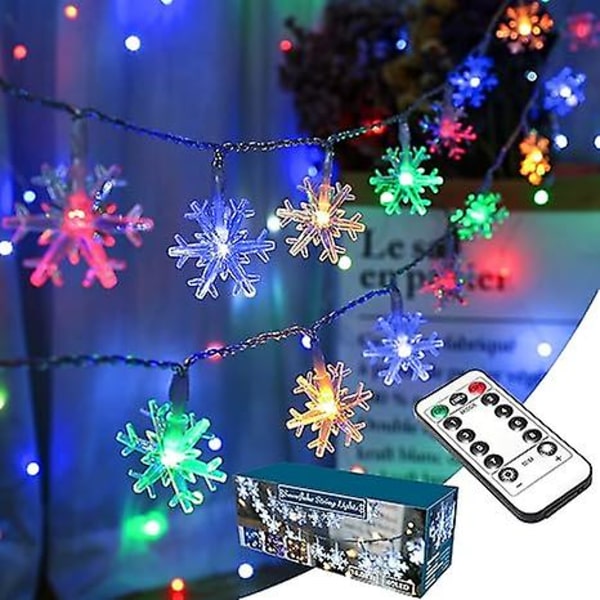 Fargede Snøfnugglys, 50 LED 4,9 meter Snøfnugg Julelys med Fjernkontroll, 8 Moduser LED Lyslenke Vanntett, Dimbar Batteridrevet Julebelysning
