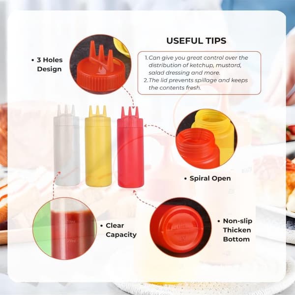 3-pack plastflaskor med klämfunktion, 3-håls munstycken, 400 ml vardera, för ketchup, senap, dressingar, BBQ, gul vit röd