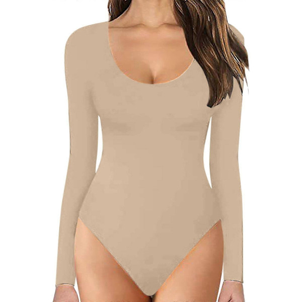 Pitkähihainen body pyöreällä pääntiellä, kaksinkertainen vuori pehmeää mukavuutta varten, perus toppi Khaki Khaki M