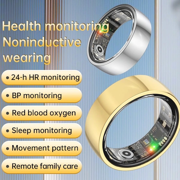 Smart Ring R1000 – Søvnovervåking, Bluetooth 5.0, Blodoksygenmåler Gull【PL】