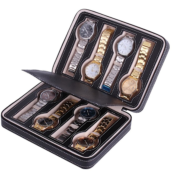 8 Fack Klockdisplaylåda Män Zipper Klocklåda Smyckesdisplayfodral Bärbar Resa Samling Förvaringsfodral Svart 6*23.5*18CM
