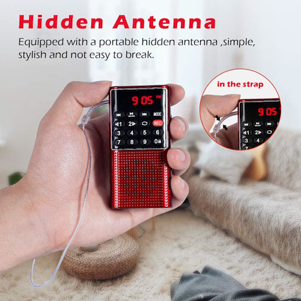 Fickradio med inspelningsfunktion, låsknapp, SD-kortläsare och uppladdningsbart batteri för promenader, jogging och träning