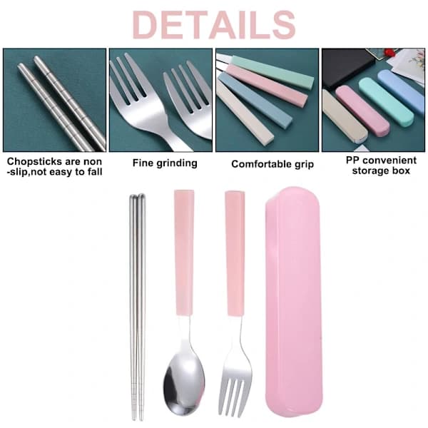 {PL}Rustfrit stål bestiksæt med æske, til camping, rejser, pink