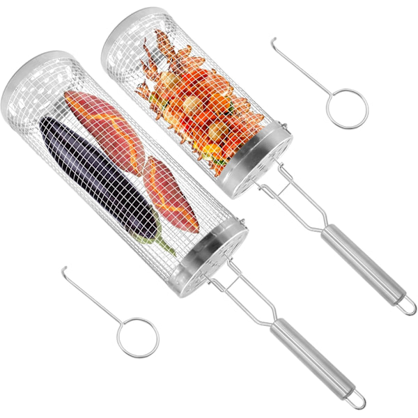 2 Rolling Grill Baskets with Detachable Stainless Steel Handles