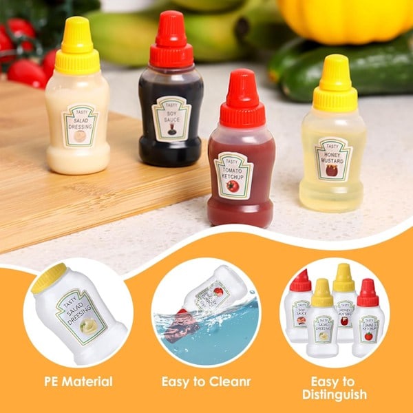 4 kpl Mini Ketsuppiannostelija, 25 ml Ketsuppi/Hunaja/Soijakastike/Salaatti Puristettava Säiliö, Pienet Puristettavat Kastikepullot Kierrekorkilla