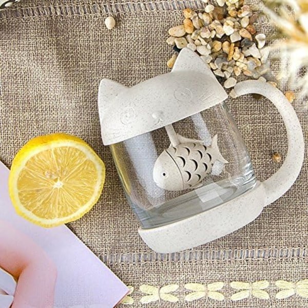 Kattglas Tekopp, Vattenflaska Mugg med Fiskformad Teinfuser, Kaffevattenflaska, 250ML, Kattälskare
