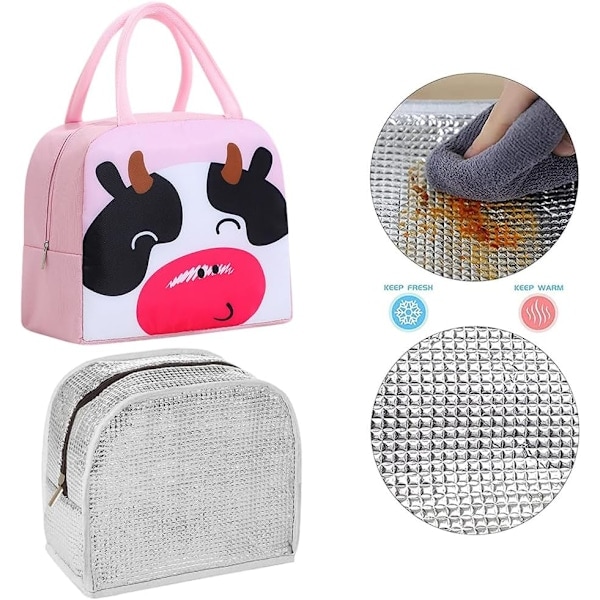 Lunsjveske med kuer for barn, herlig gjenbrukbar lunsjveske, isolert lunsjveske i aluminiumsfilm for barn, Bento-veske for skolepiknikreiser (23*1...