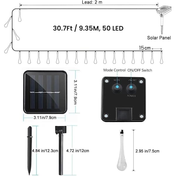 {PL}50 LED dråpeformede solcellelamper for hagen, utendørs, vanntette, 6,9 m