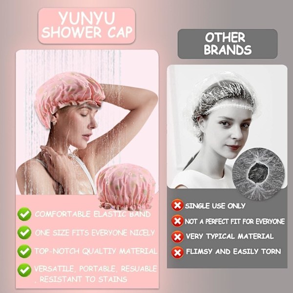 Double Layer Shower Cap for Women, Elastic Band Reusable Hair Shower Cap, Suitable for Long, Short and Curly Hair (Pink Flamingo)