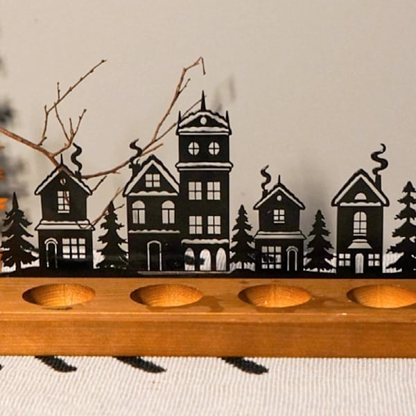 Julestjerne Lysestake Dekorativ Lysestake, Adventslysestake, Svart Metall Lysestaker med Treføtter, DIY Juledekorasjon, 28x12.5x8 cm