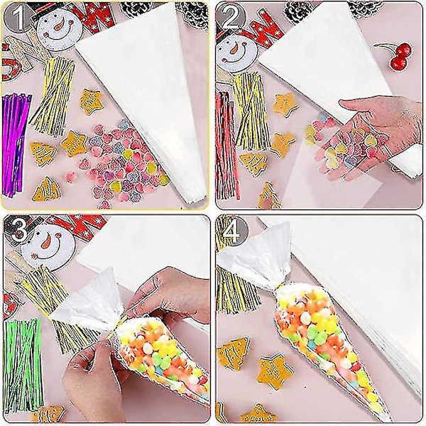 100 stk. klare kegleposer, slikcellofanposer, 25x13 cm plastik sliktrekantposer med twistbånd til mad-