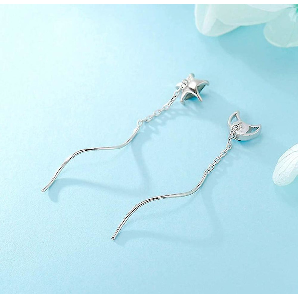925 Sterling Silver Blå Kristall Stjärna Måne Hängande Örhängen För Kvinnor Tonårsflickor Stjärna Måne Tassel Örhängen Kedja Stjärna Måne Örhängen