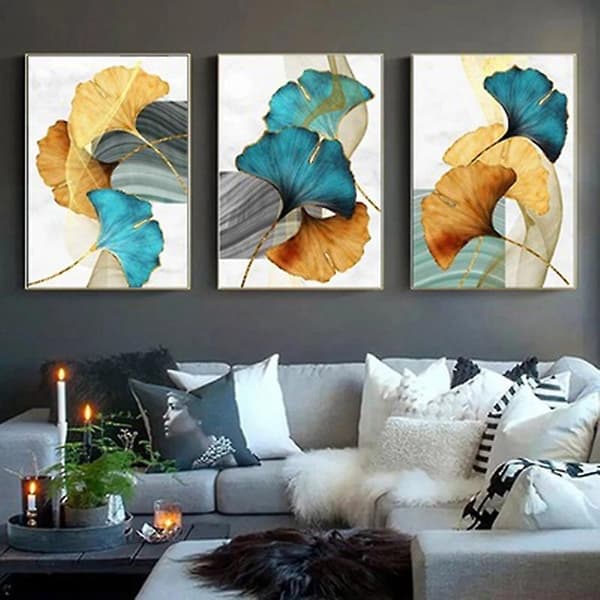 Blå Grön Guldfärgad Blad Växt Blomma Canvas Poster Abstrakt, c