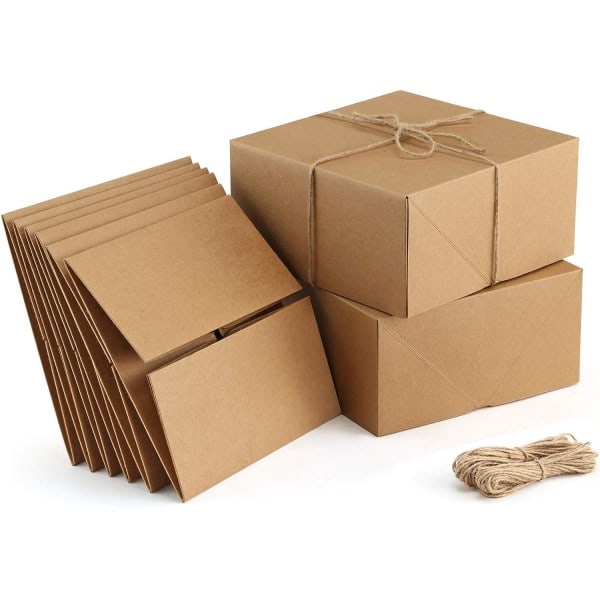 Premium presentförpackningar 10-pack 20,3 x 20,3 x 10,2 cm bruna papperspresentförpackningar med 20 meter hampasnöre för julklappar