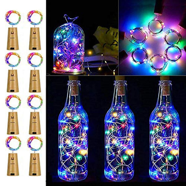 Vinflasklampor med kork, 8-pack batteridriven LED-korkform Silver Koppartråd Färgglada Fairy Mini Slingor