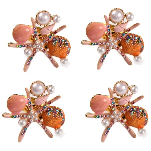 4 stjärnformade servettringar, pärlor och strass, havstema, rosa