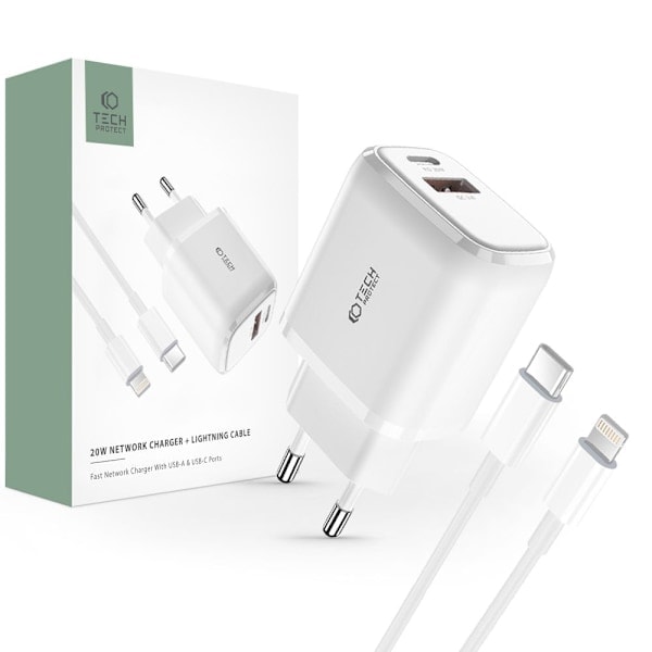 Tech-Protect 20W Seinälaturi PD Sis. USB-C - Lightning Kaapelin Valkoinen