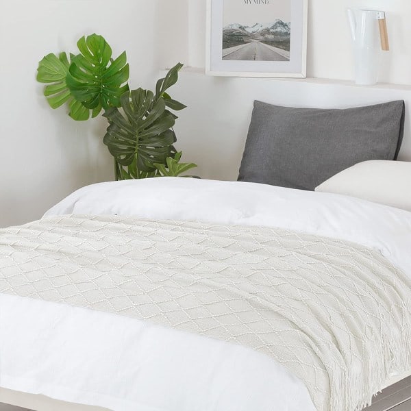 Tekstureret ensfarvet blød sofafilt sofaovertræk strikket dekorativt tæppe, beige, 127x152cm