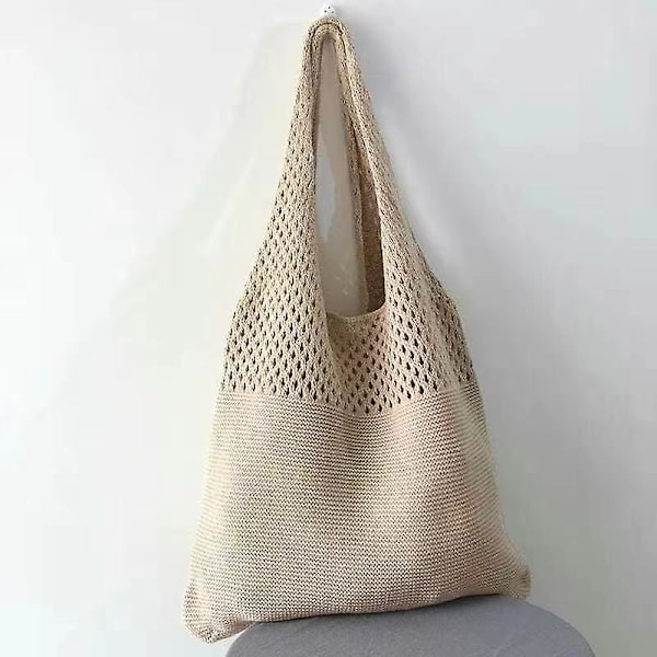 Dam Crochet Stickad Bohemisk Axelväska Tote Handväska Shoppingväska Strandväska, 1st-Khaki