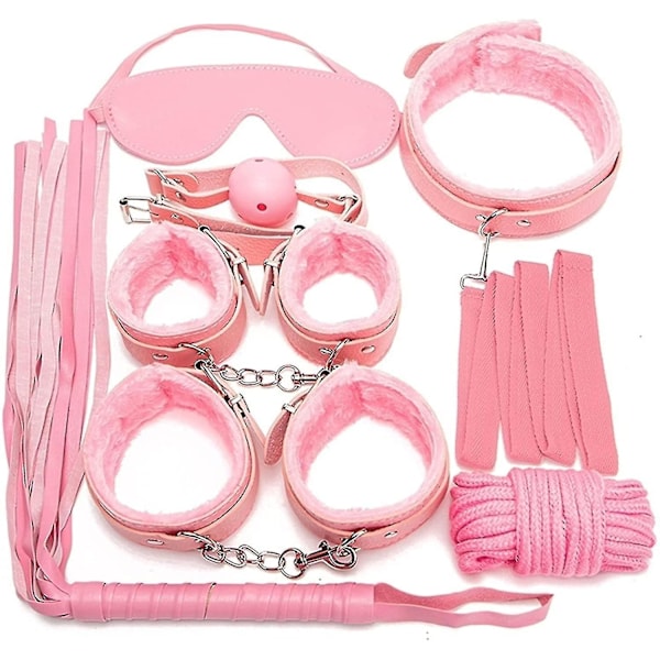 7-delars läderbondage-set för vuxna - handbojor/piska/boll/rep/krage/bdm