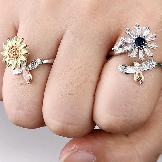 2 stk. Sølv Angstringe til Kvinder Solsikke Fidget Ring Du er Mit Solskin Angstring Månesten Anti Stress Ring