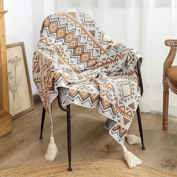 Neulottu peitto Vintage Tassel Bohemian Etninen tyyli Geometrinen kuvio Kodikas nojatuoli Peite Lämpimät heitot