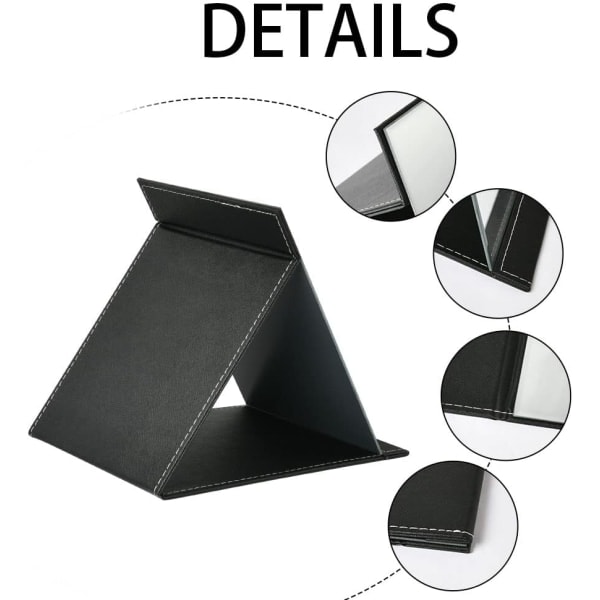 15*21 cm Fällbar bordspegel med PU-läder, sminkspegel, bärbar resespegel, hopfällbar spegel med stativ, svart