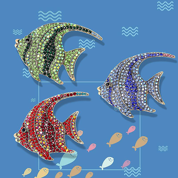 Glittrande Rhinestone Metall Platta Fisk Brosch Nål Presenter Kvinna Flicka Dotter, set med 3 st - röd, grön, blå