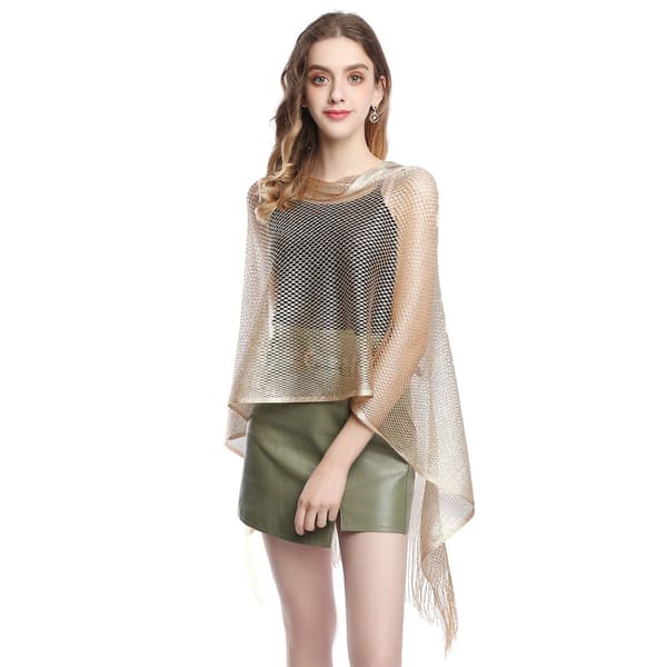 Dame sommerponcho med solbeskyttelse og pomponer, lys guld glitrende
