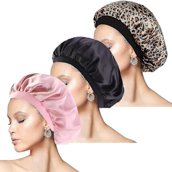 3 stycken Satin Bonnet Sovhuva, Sov Silke Bonnet Bred Band Satin Huva Silke Natt Sov Rea