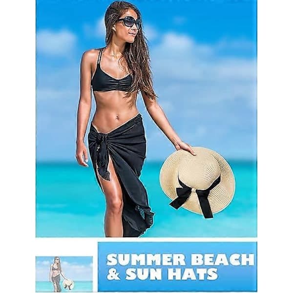 Solhat til damer, sommerhat med sløjfe, sammenfoldelig hat, bredskygget diskette strandhat, feriestråhat [PL]