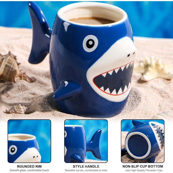 Hajkrus, Hajkaffekrus, Sjov 3D Dyrekrus, Hajmorgenmadskrus, Hajkeramisk Krus, med Fiskehalegreb, 450 ml