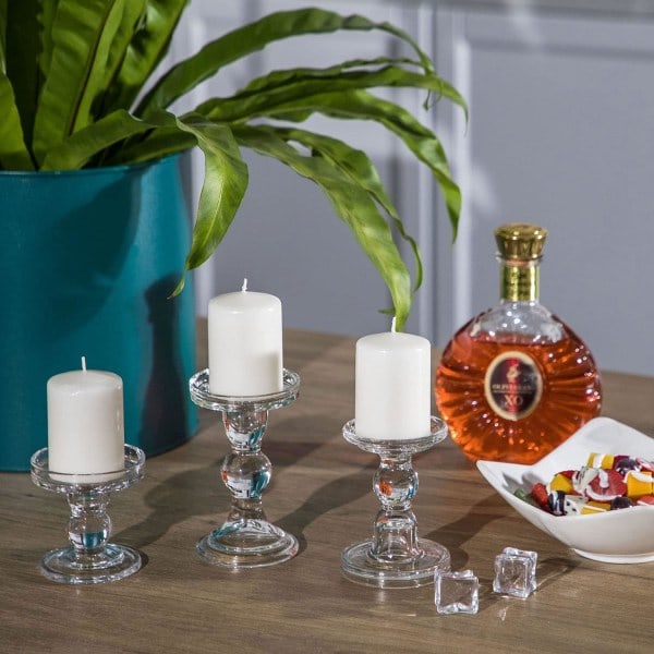 Set of 3 Glass Candle Holders, Clear Crystal Candlestick Holders for Pillar Candles and Tealight Candles, for Home Decor Dinner Table Centerpieces