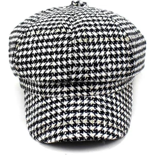 {PL}Stilfuld Unisex Efterår Vinter Tweed Newsboy Hat Sort 8 Panel Houndstooth Casual
