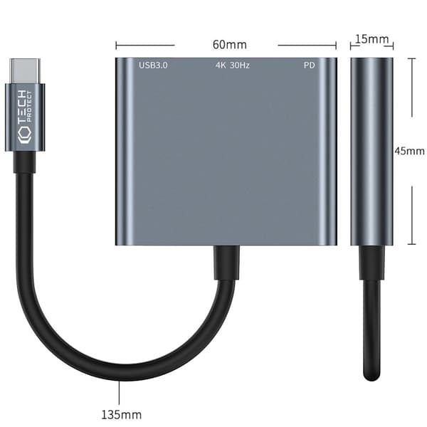Tech-Protet 3-in-1 USB-C Hub USB-A / HDMI / USB-C Harmaa '-PO-' 50