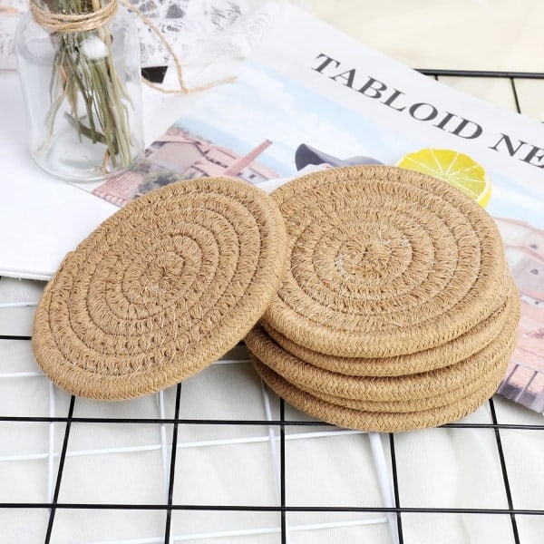 6 stk kaffefargede drikkebrikker, 11,5 cm runde vevde brikker Vannabsorpsjon Vevd drikkebrikke Varmebestandig brikke