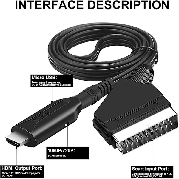 Scart til HDMI Kabel Konverter, Scart til HDMI Konverter, Scart HDMI Adapter med USB og HDMI Kabel, Scart Input HDMI Output Video Audio