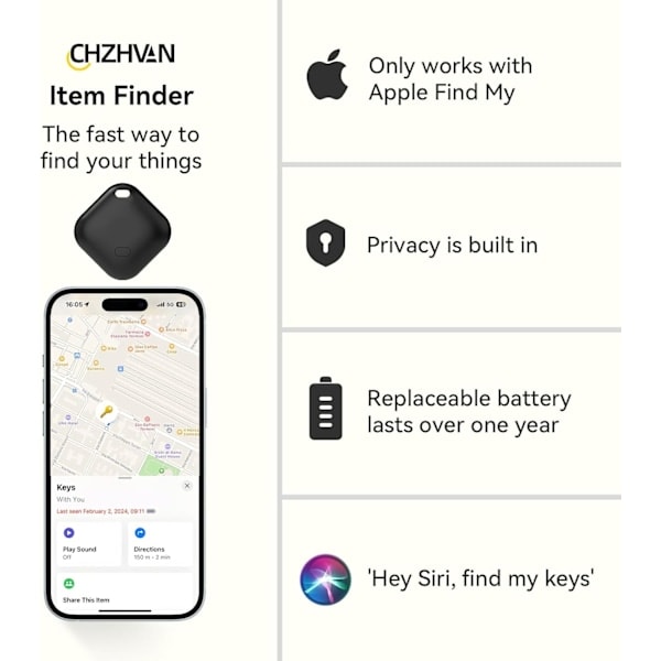 Avaimenperä, Lompakkoseuranta Toimii Apple Find My:n kanssa (vain iOS), Vaihdettava Paristo, Vedenkestävä, Bluetooth-esineenetsin (Musta, 2 kpl)