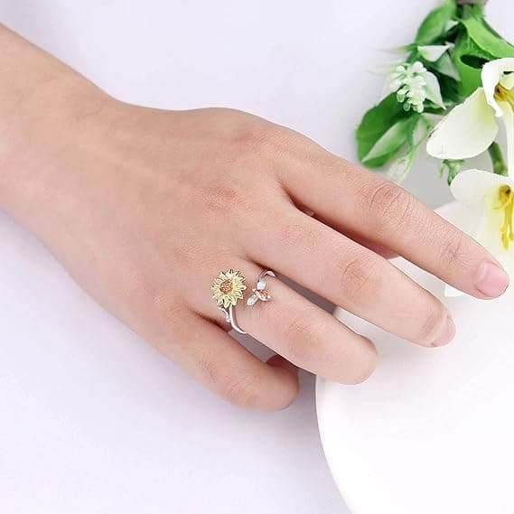 2 stk. Sølv Angstringe til Kvinder Solsikke Fidget Ring Du er Mit Solskin Angstring Månesten Anti Stress Ring