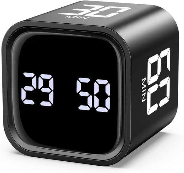 Digital terningtimer, genopladelig nedtællingstimer med tyngdekraftssensor, vibration og justerbar alarm til køkken og studie, sort
