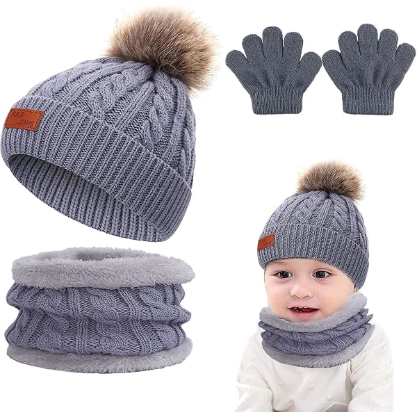 Barn Vinter Warm Beanie Hat Scarf Set 2-3 delar Unisex thermal stickad fluffig present