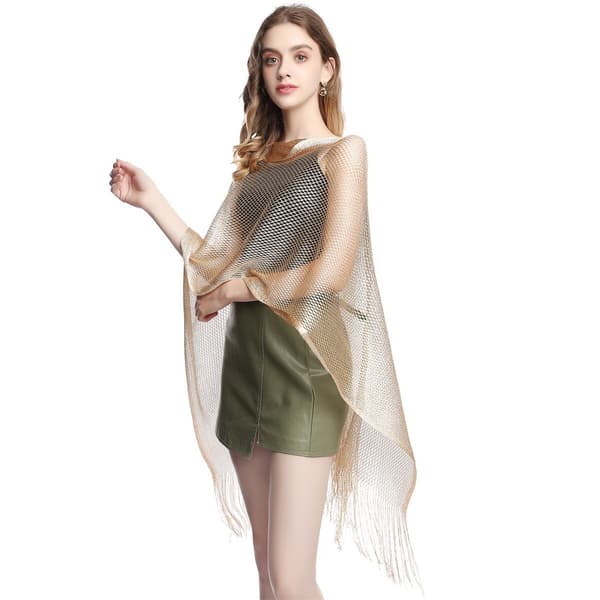 Sommerponcho for kvinner med solbeskyttelse og pomponger, lys gullglitrende