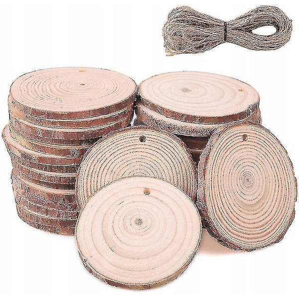 30 Stykker Træskiver 6 Cm Træskiver Med Hul Og 10 Meter Jute Reb Naturlige Træskiver Træ Deco Træskiver Til Håndværk Til Bryllupsdekoration