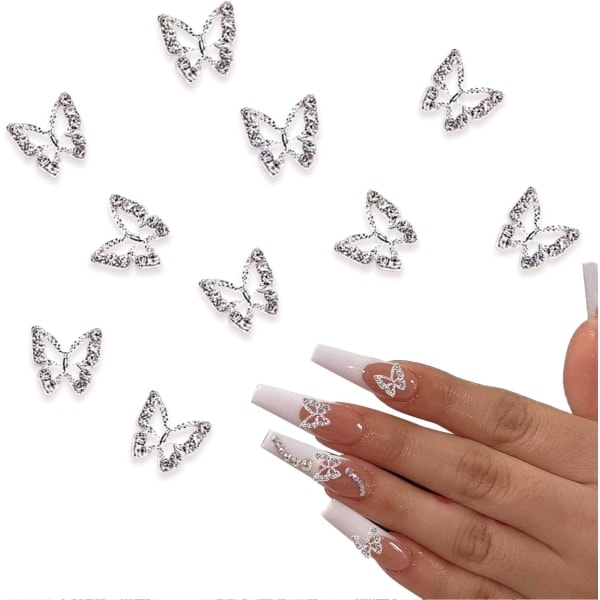 10 st Legering Fjäril Nagelberlocker Silver Metall Fjäril Nagelkonst Hängen Strass för Naglar Nageldekorationer Smycken